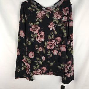 NWT BCX Rose Print Back Faux Wrap Bowneck  Top